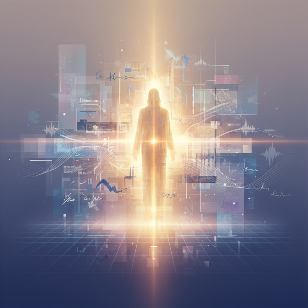 A radiant light, subtly representing Jesus, cutting through and illuminating a complex, abstract tapestry of cultural and media elements, symbolizing discernment and truth.