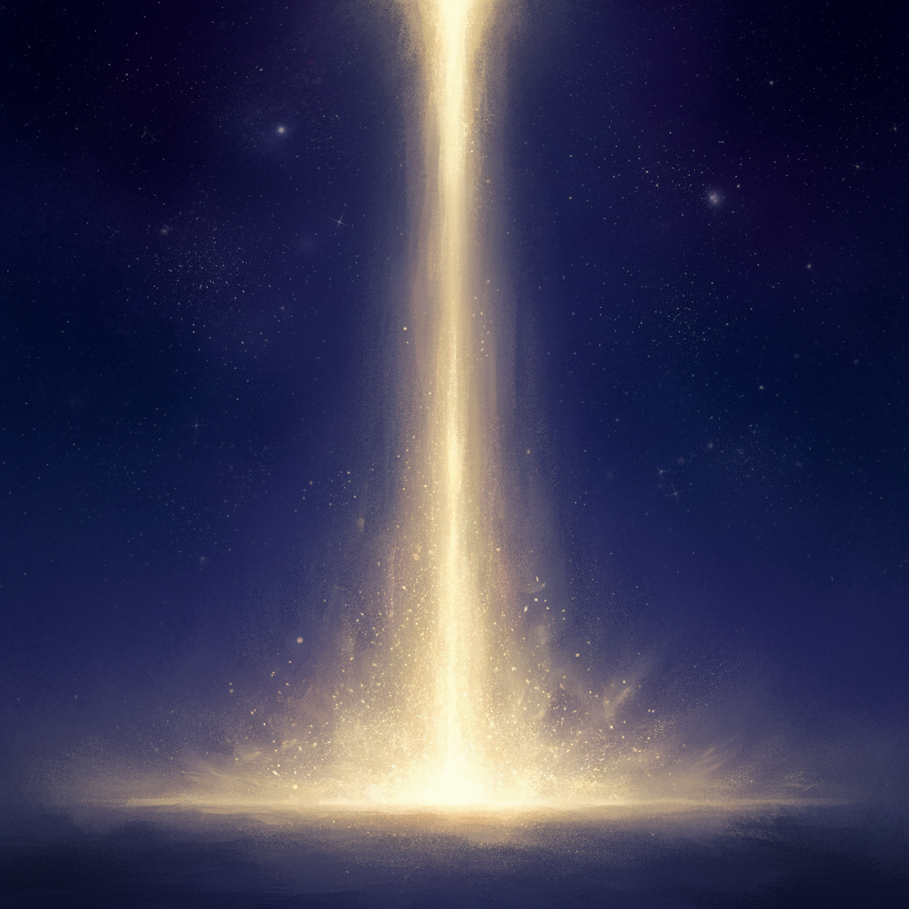 A serene image of a radiant column of golden-white light descending through deep, tranquil darkness, symbolizing divine presence and spiritual fulfillment.