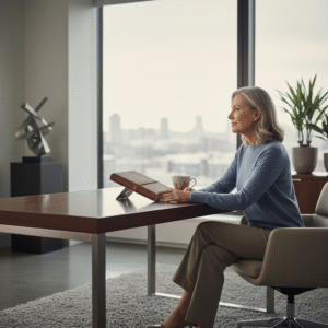 A serene, mature individual in a modern executive office, reflecting thoughtfully, symbolizing growth in wisdom and understanding.