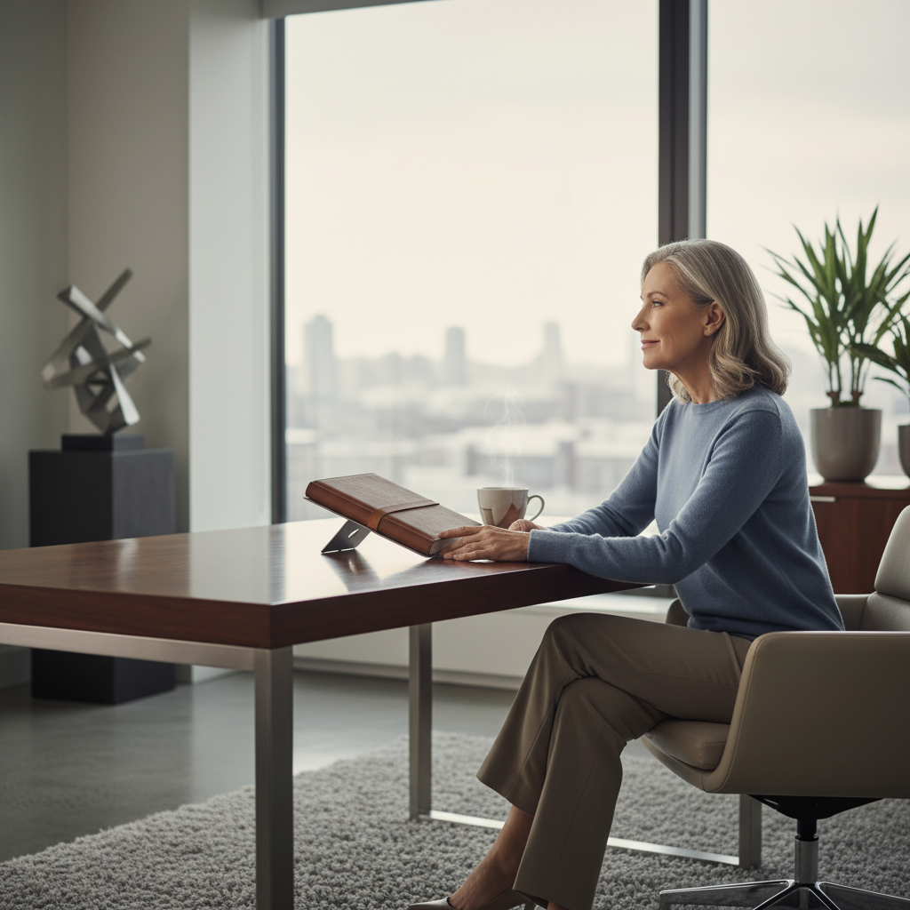 A serene, mature individual in a modern executive office, reflecting thoughtfully, symbolizing growth in wisdom and understanding.