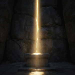 A single beam of radiant golden light illuminates a simple, weathered stone surface in a dark, ancient stone structure, symbolizing divine revelation and sacrifice.