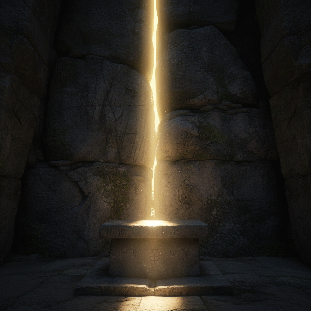 A single beam of radiant golden light illuminates a simple, weathered stone surface in a dark, ancient stone structure, symbolizing divine revelation and sacrifice.