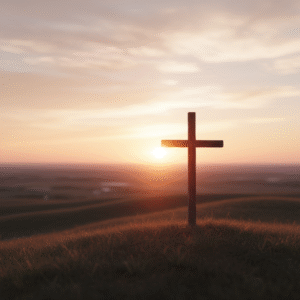 A solemn wooden cross silhouetted against a peaceful sunrise, symbolizing the sacrifice of Good Friday and Christian hope.