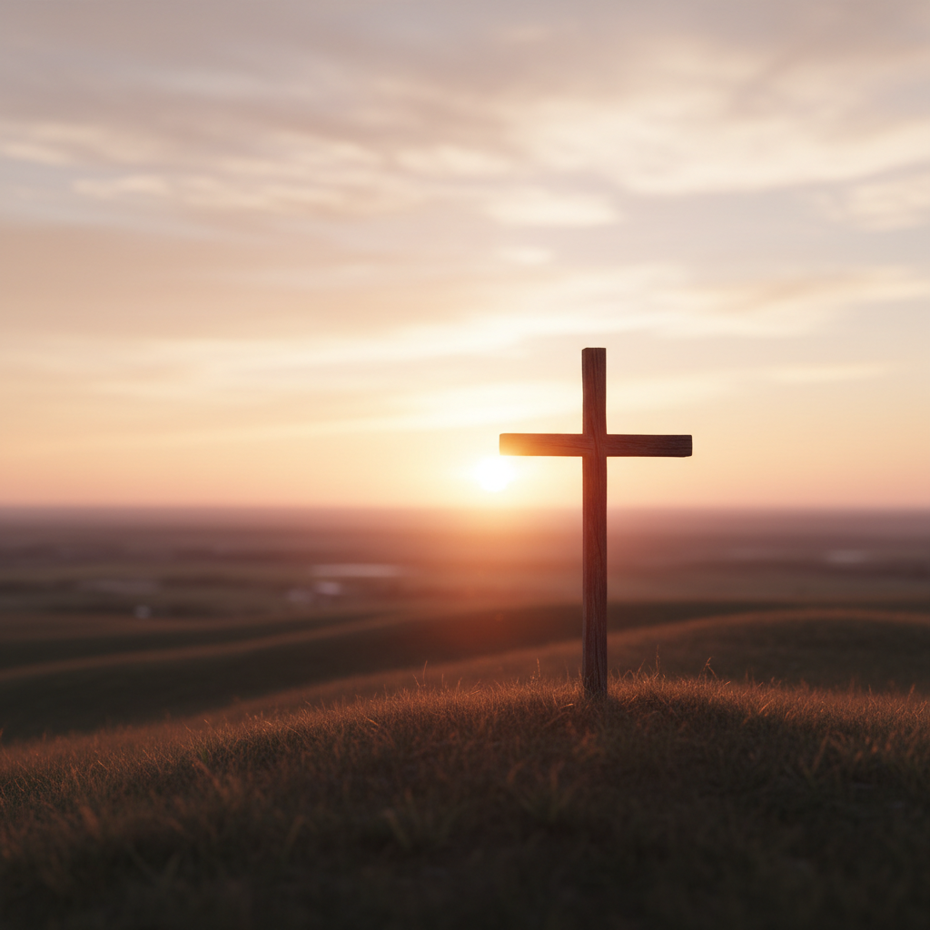 A solemn wooden cross silhouetted against a peaceful sunrise, symbolizing the sacrifice of Good Friday and Christian hope.