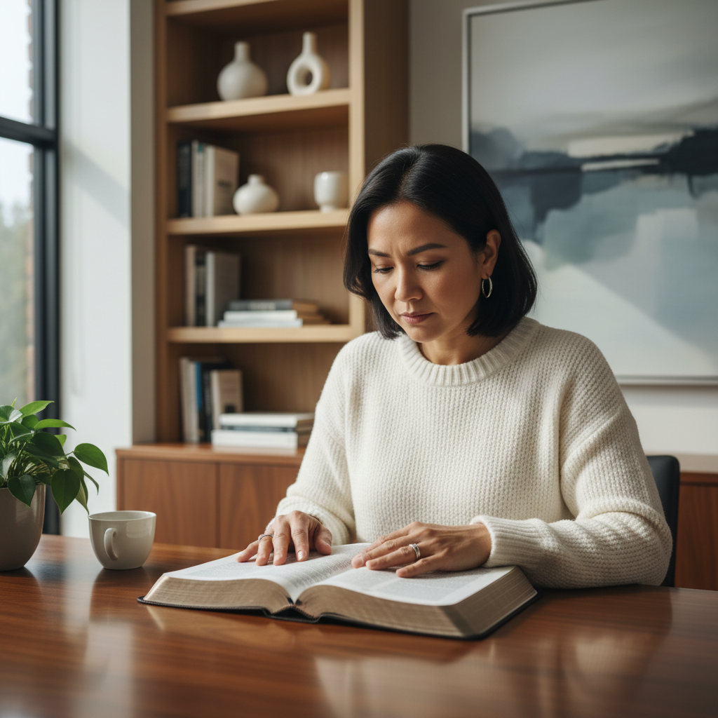A thoughtful individual reflecting on scripture in a modern, professional study.