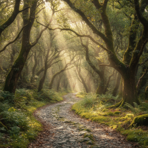 A tranquil forest path illuminated by soft sunlight, symbolizing divine guidance and unwavering presence through life's journey.