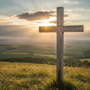 A weathered wooden cross standing on a sunny hilltop under a dramatic sky, symbolizing grace and hope at Calvary.