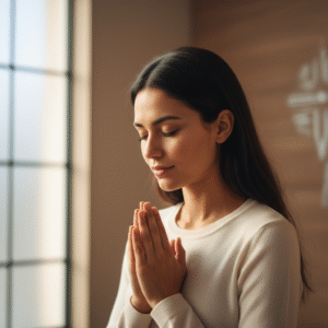 A woman with a serene expression, hands clasped in prayer, bathed in warm, soft light, representing faith and worship.