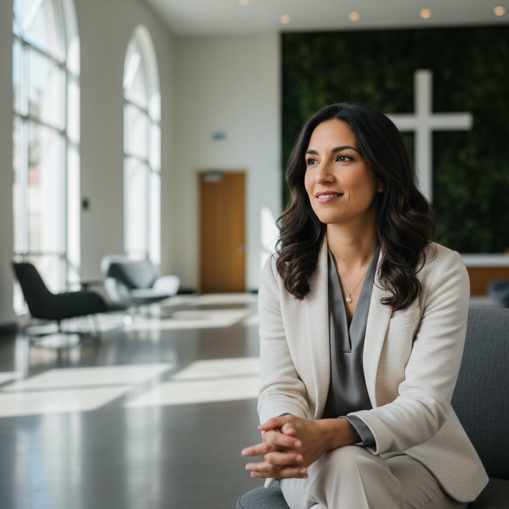 A woman with a serene, hopeful expression, deep in thought, in a peaceful setting.