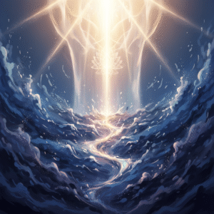 An abstract illustration where a radiant golden light emanates from above, breaking through dark, swirling shadows below, symbolizing divine hope and guidance in times of profound difficulty.