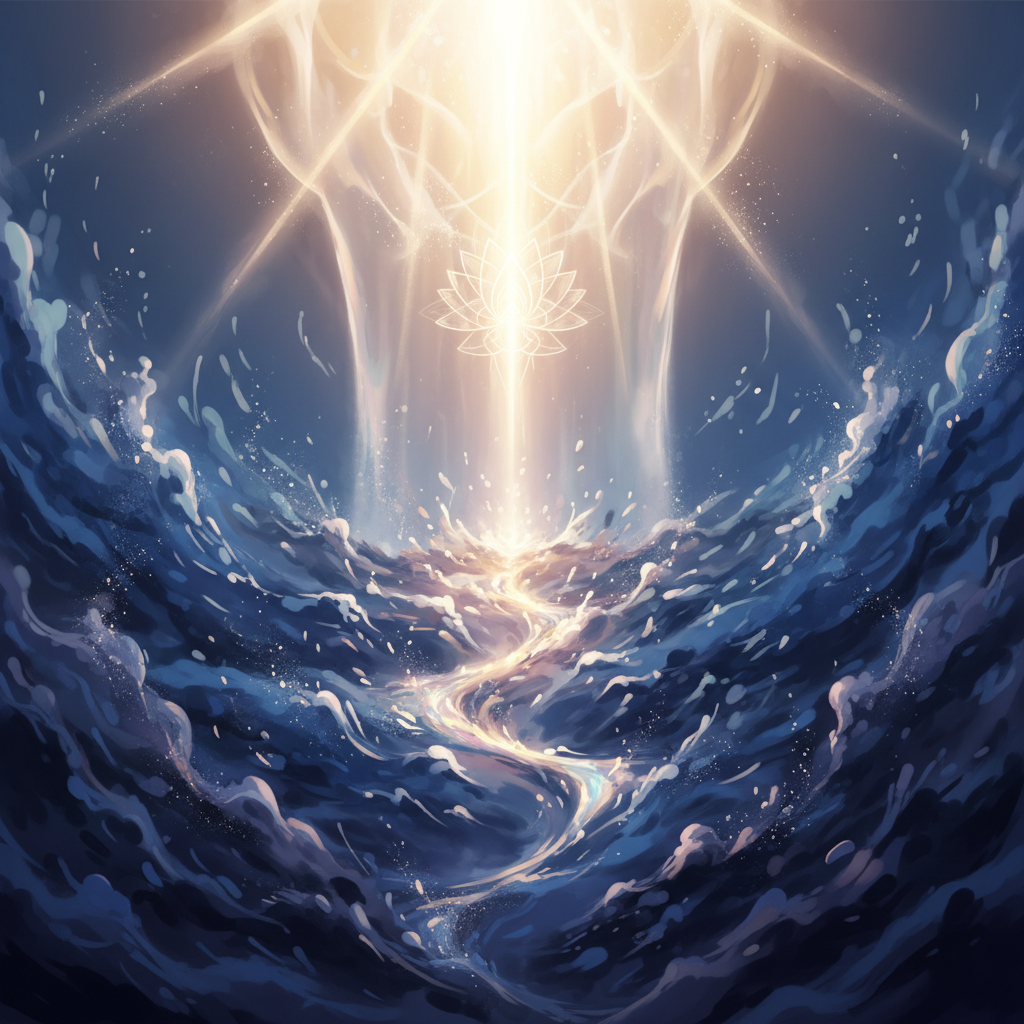 An abstract illustration where a radiant golden light emanates from above, breaking through dark, swirling shadows below, symbolizing divine hope and guidance in times of profound difficulty.