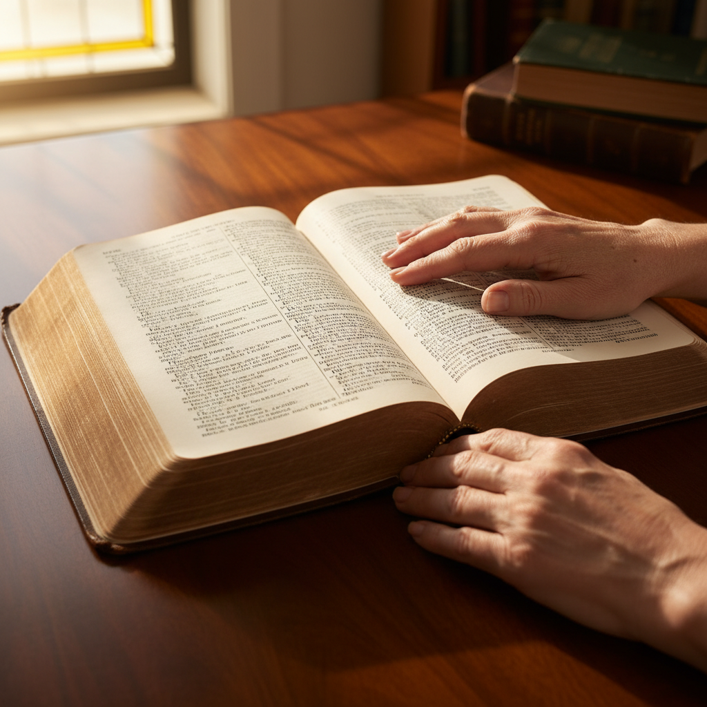 Close-up of hands gently resting on an open, leather-bound Bible, illuminated by soft light, conveying study and devotion.
