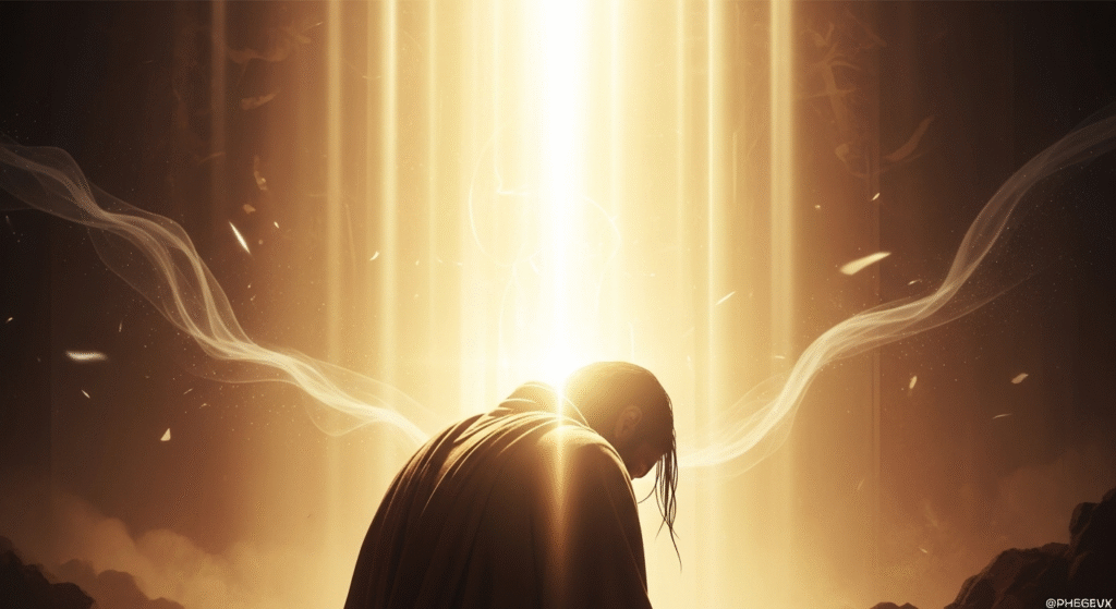 Conceptual digital painting of a solitary figure in silhouette, bathed in radiant golden light, evoking profound faith and the spiritual weight of a sacred calling.