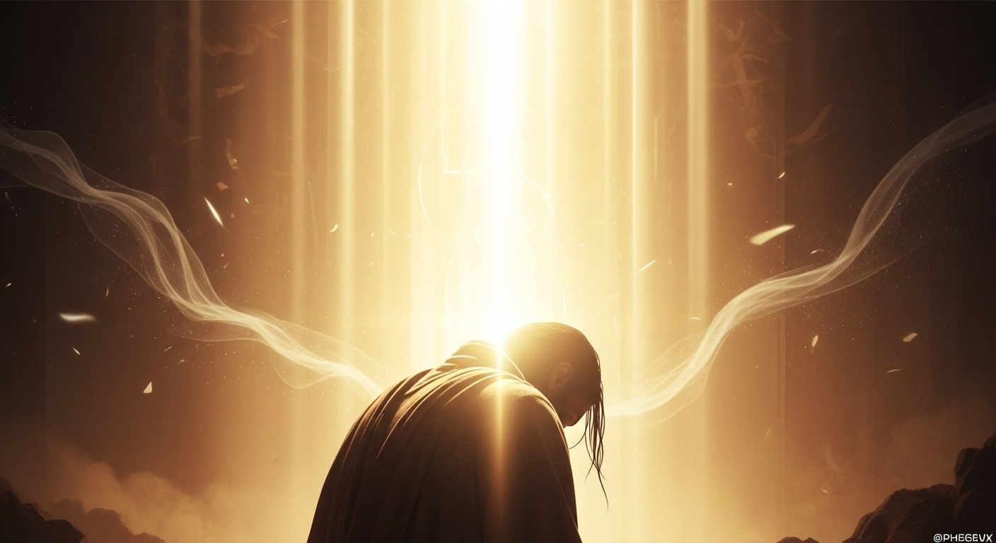 Conceptual digital painting of a solitary figure in silhouette, bathed in radiant golden light, evoking profound faith and the spiritual weight of a sacred calling.