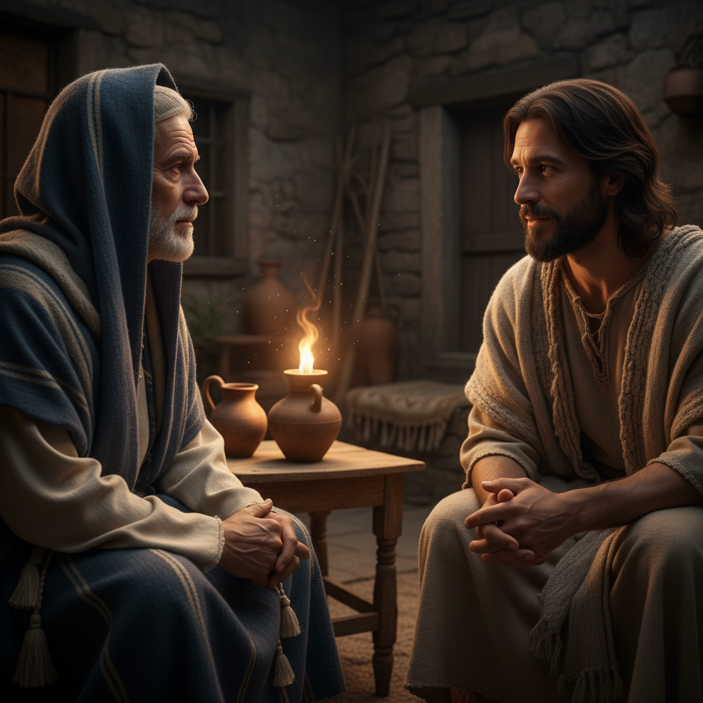 Nicodemus and Jesus engaged in a quiet, intense conversation at night, illuminated by soft lamplight, conveying deep spiritual inquiry.