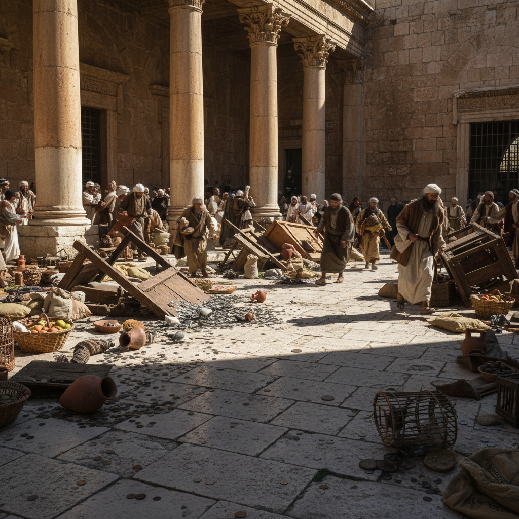Photorealistic image of an ancient temple courtyard disrupted by righteous action, featuring overturned merchant tables, scattered goods, and blurred figures of people amidst authentic first-century Jewish architecture, conveying a powerful reclamation of sacred space.
