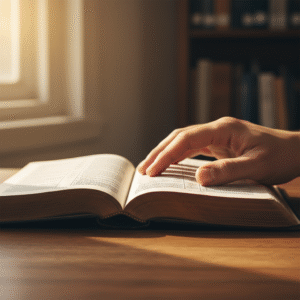 Photorealistic image of an open, aged Bible on a wooden table, with a hand resting beside it, illuminated by soft golden light, symbolizing biblical study and spiritual contemplation.