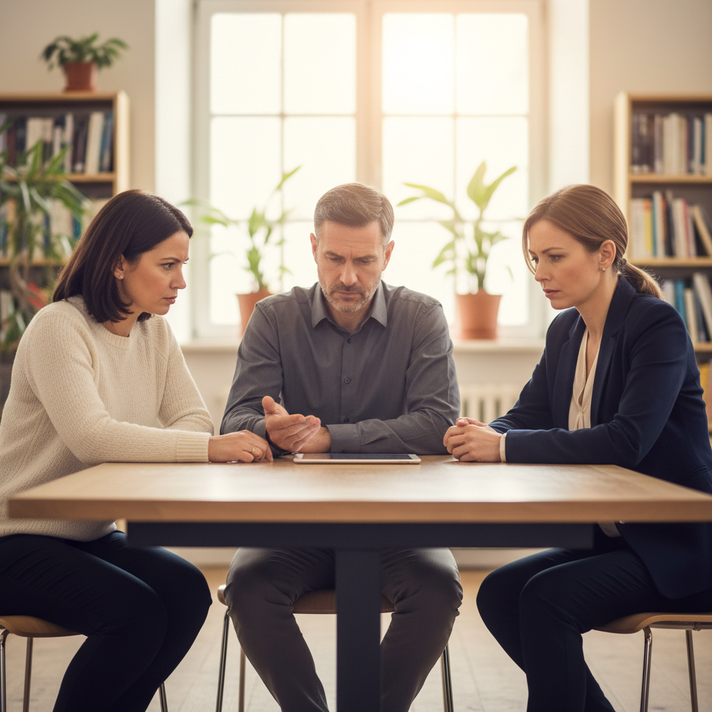 Three diverse adults in a professional setting engaged in a thoughtful discussion, implying discernment over controversial media.