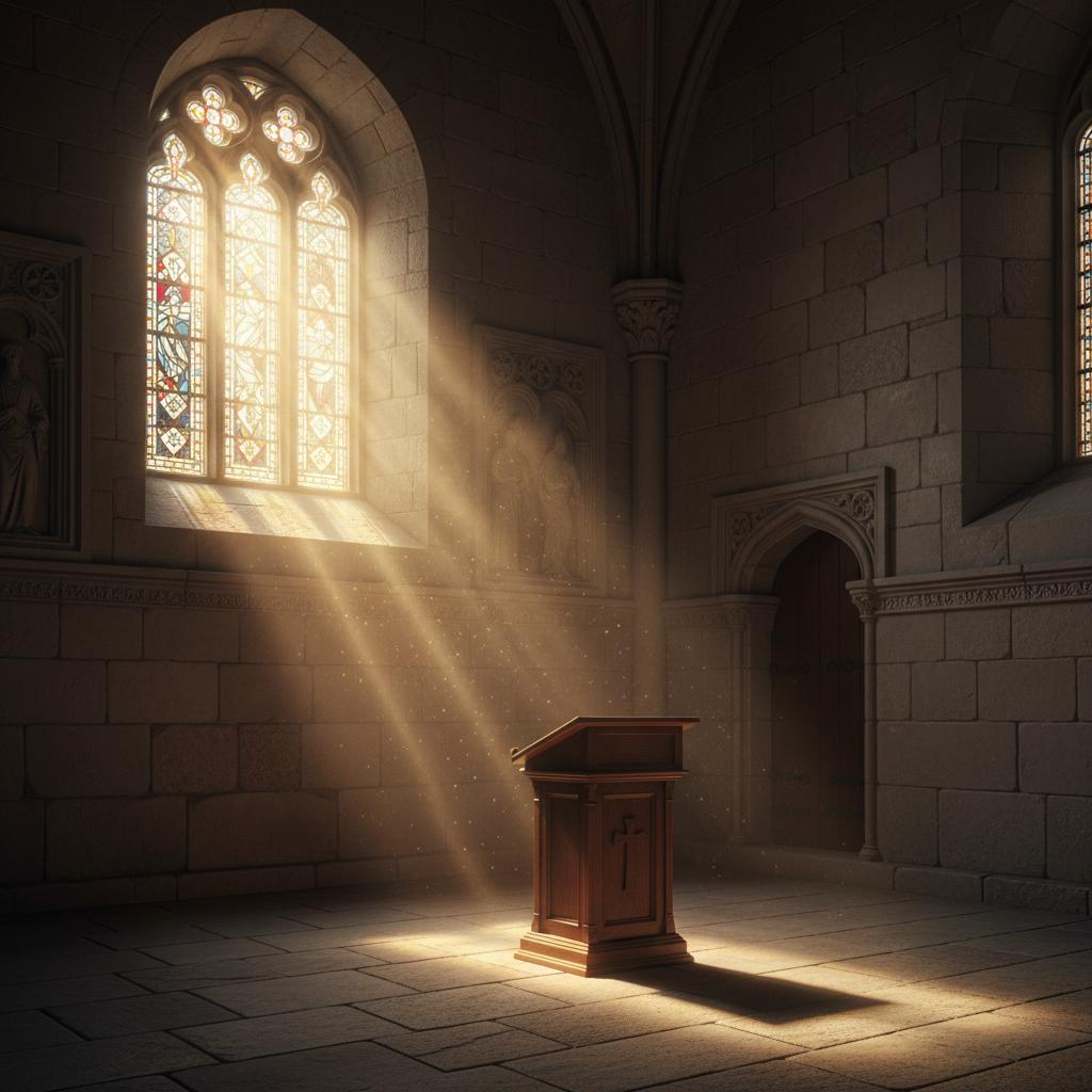 Warm golden light illuminates an empty wooden lectern in a grand, ancient stone hall, symbolizing divine truth and spiritual authority.