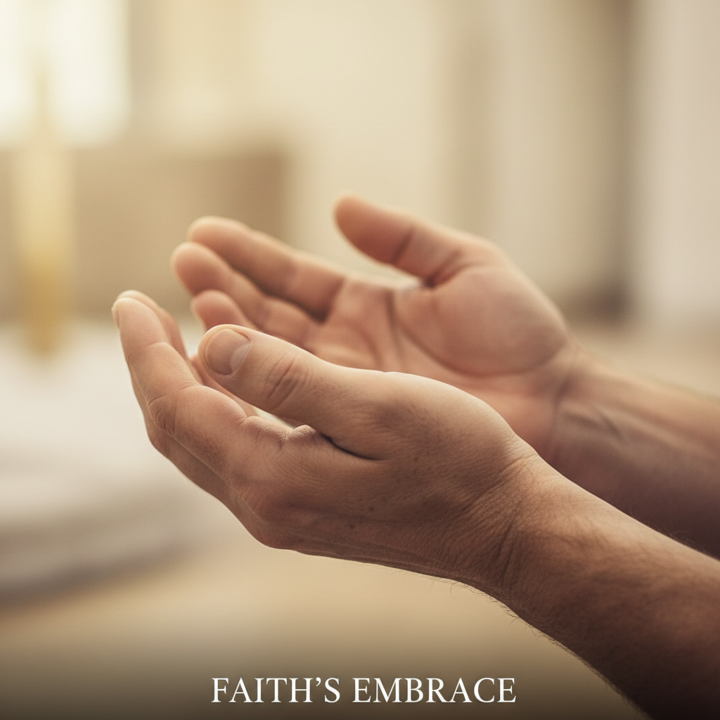 A close-up photograph of hands gently cupped in a posture of trust and surrender, bathed in soft, warm light.