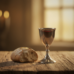 A close-up, photorealistic image of a piece of broken bread and a chalice of red wine on a wooden table, symbolizing Christian communion and remembrance.
