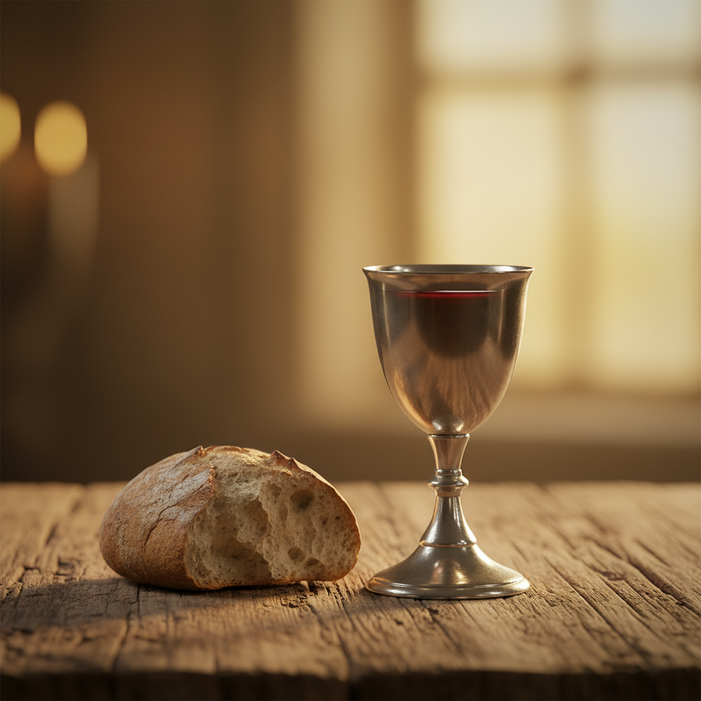 A close-up, photorealistic image of a piece of broken bread and a chalice of red wine on a wooden table, symbolizing Christian communion and remembrance.