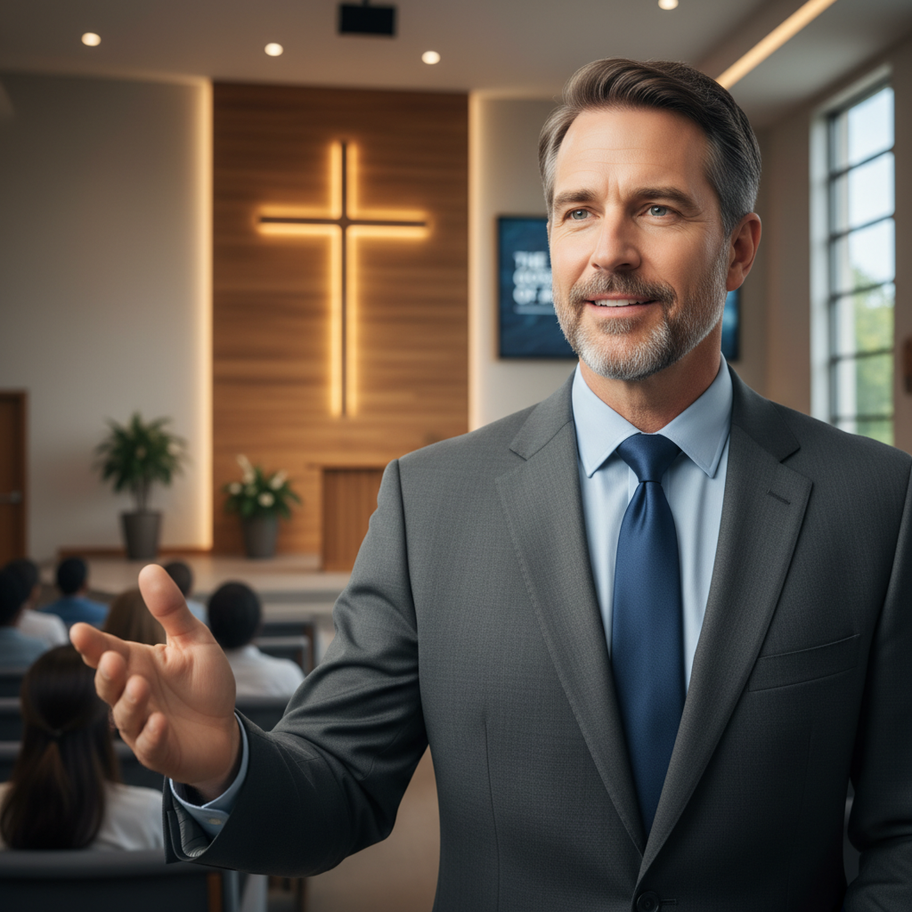A compassionate speaker or pastor teaching in a reverent setting.