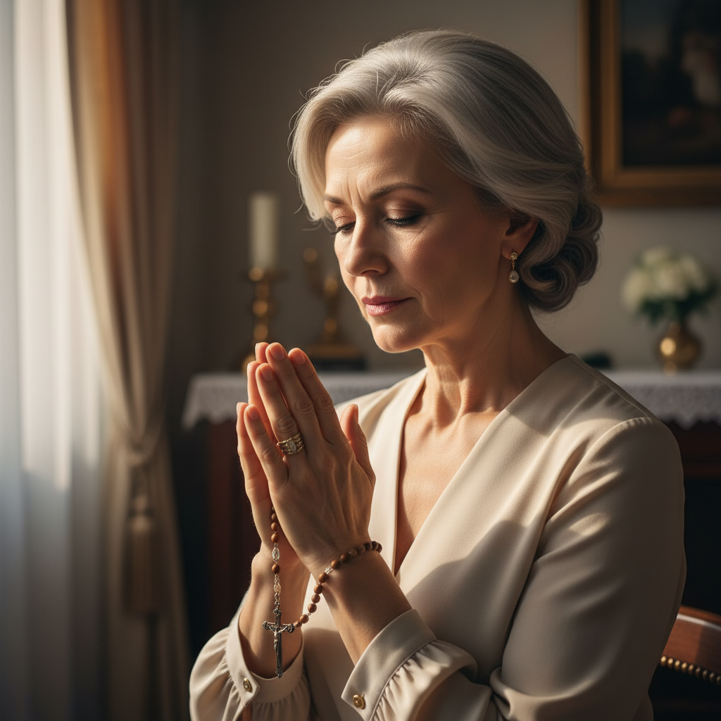 A devout Christian woman praying with a rosary, her face serene, representing deep faith and spiritual peace.