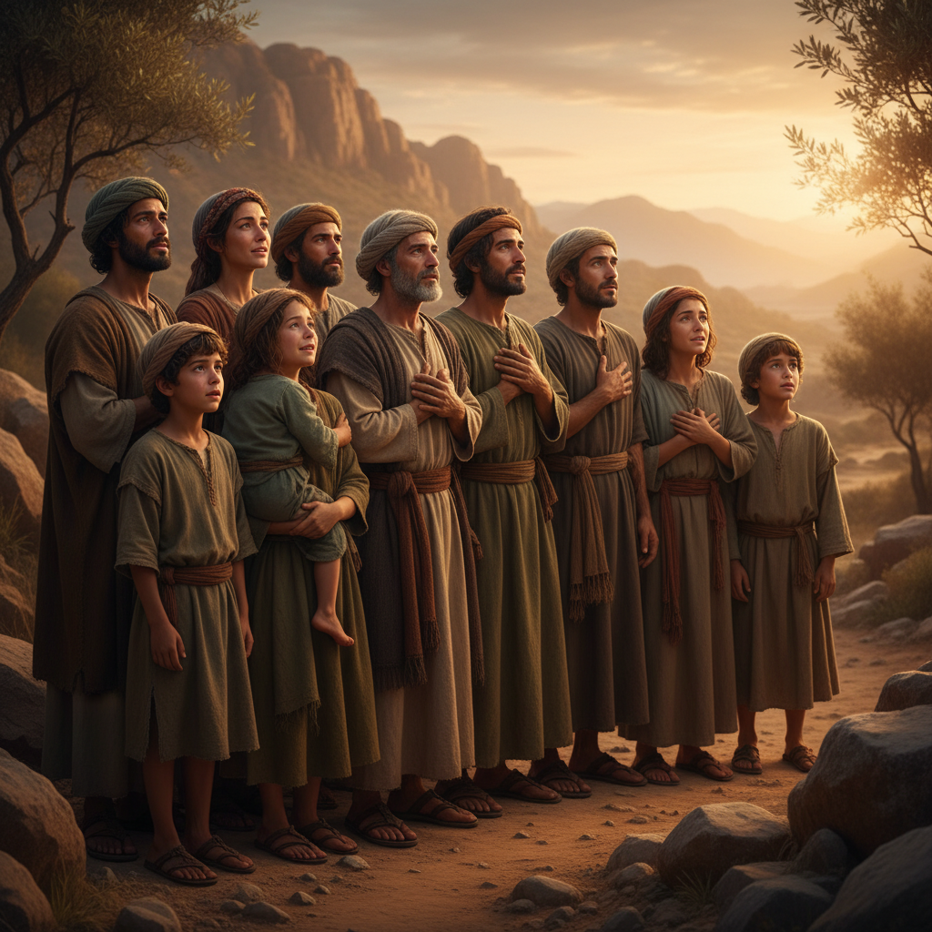 A diverse group of people in an ancient landscape, looking with profound awe and relief towards an unseen source of light, symbolizing hope and resurrection.