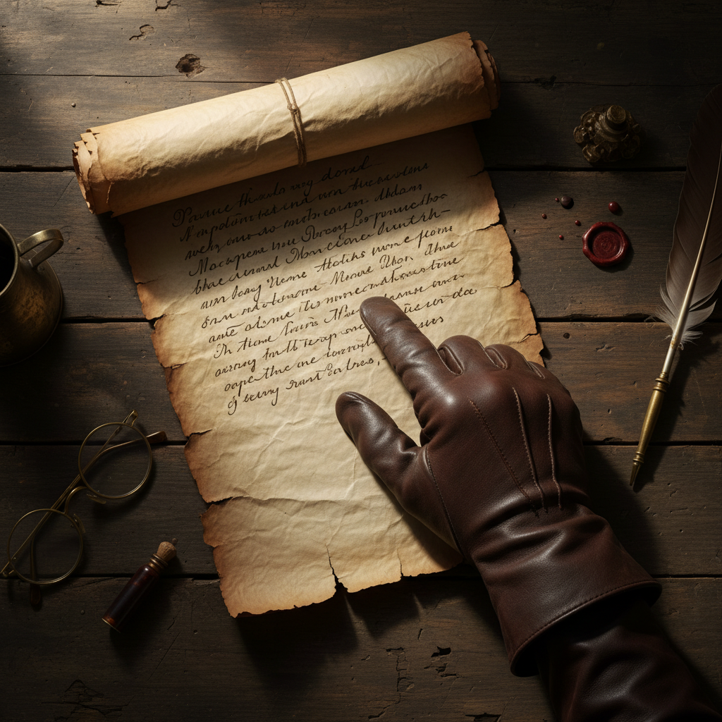 A hand pointing to ancient text on a weathered scroll, symbolizing historical discovery.
