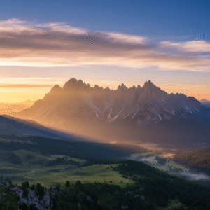 A majestic, rugged mountain range bathed in the radiant golden light of a sunrise, symbolizing unwavering hope and divine promises.