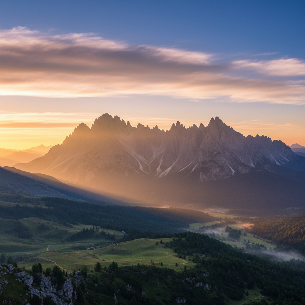 A majestic, rugged mountain range bathed in the radiant golden light of a sunrise, symbolizing unwavering hope and divine promises.