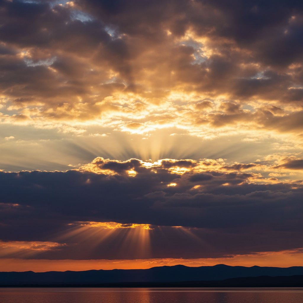 A majestic sky with golden light breaking through dramatic clouds, symbolizing hope and divine promise.