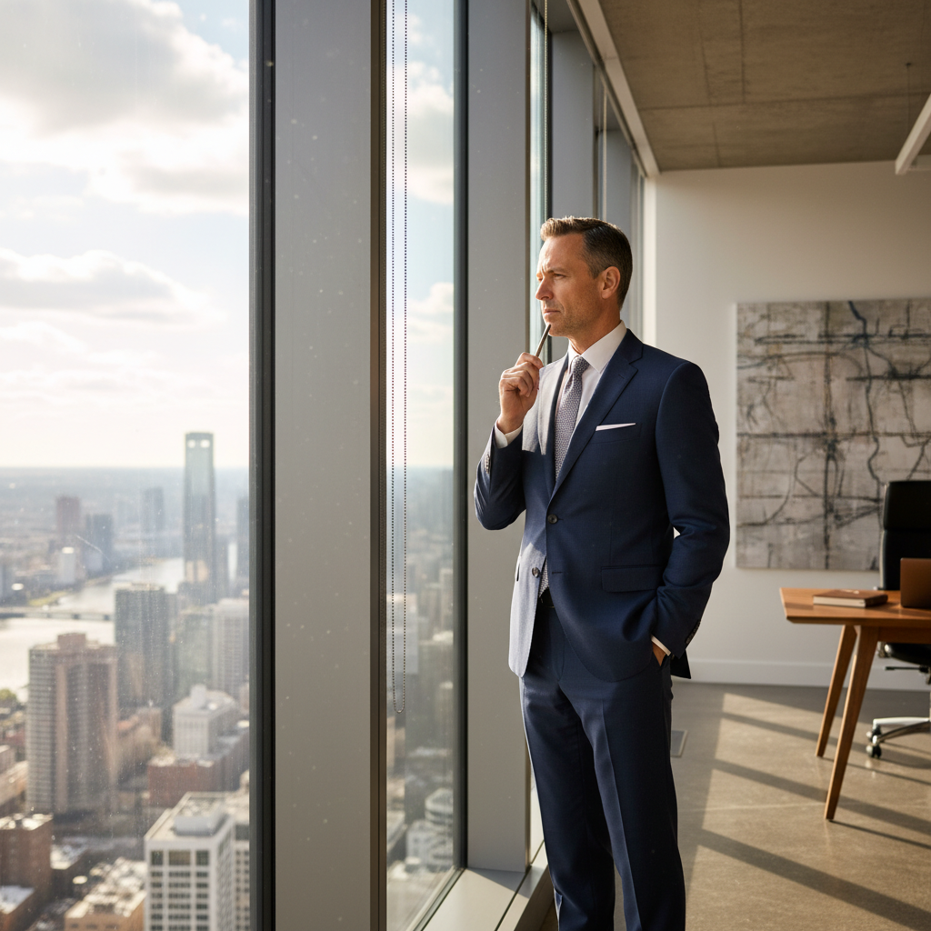 A man in a business setting gazes out a window, deep in thought about ambition and legacy.