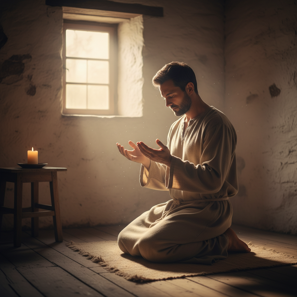 A man in solitary prayer at dawn, conveying deep spiritual reflection and devotion.