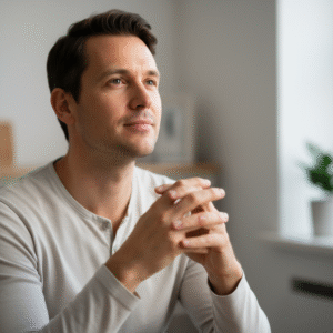 A man looking upwards with a serene expression, symbolizing deep faith and spiritual contemplation.