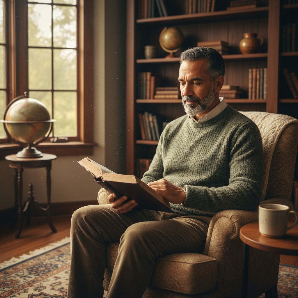 A man quietly reading an open Bible in a warm, well-lit room.