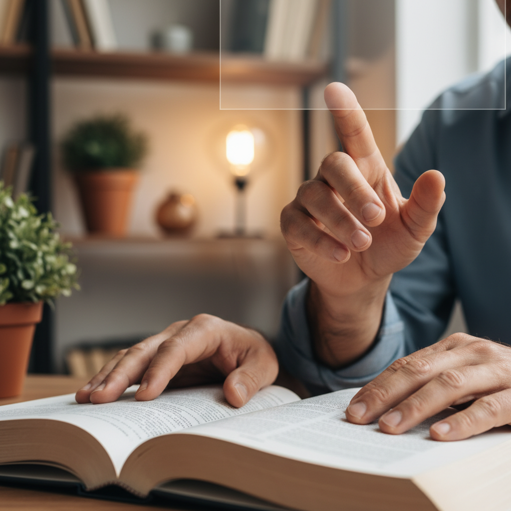 A man's hand resting on a book while gesturing towards unseen content, symbolizing guidance and curated selections.