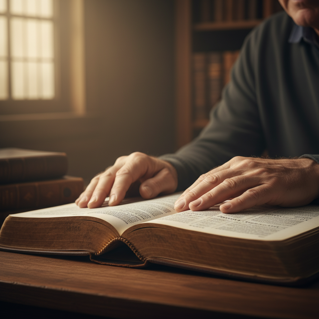 A man's hands resting on an open Bible, bathed in a soft divine light, symbolizing the profound question of Jesus' earthly and divine fatherhood.