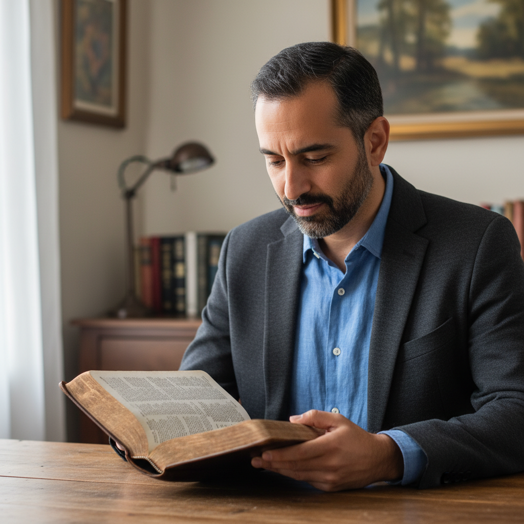 A man thoughtfully reading an open Bible, deep in spiritual reflection.