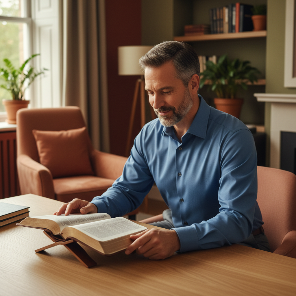 A man thoughtfully reading an open Bible on a wooden desk, conveying a sense of trust and assurance.