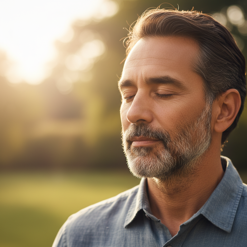 A man with a serene expression, reflecting on a moment of profound understanding.