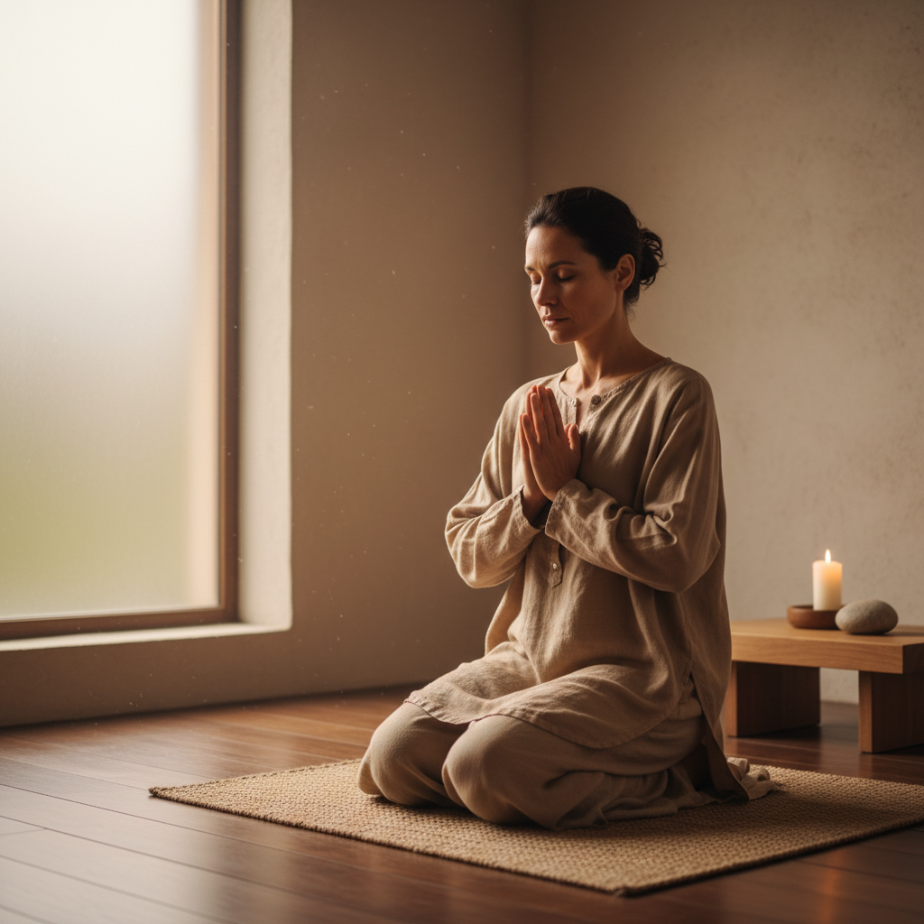 A person deeply engaged in prayer, with bowed head and closed eyes, in a quiet, reflective setting.