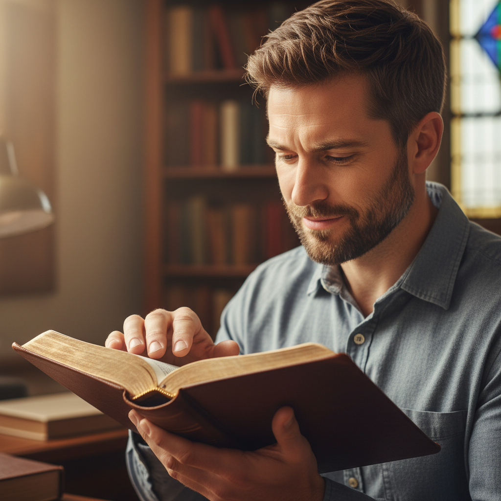 A person deeply engrossed in reading an open Bible.