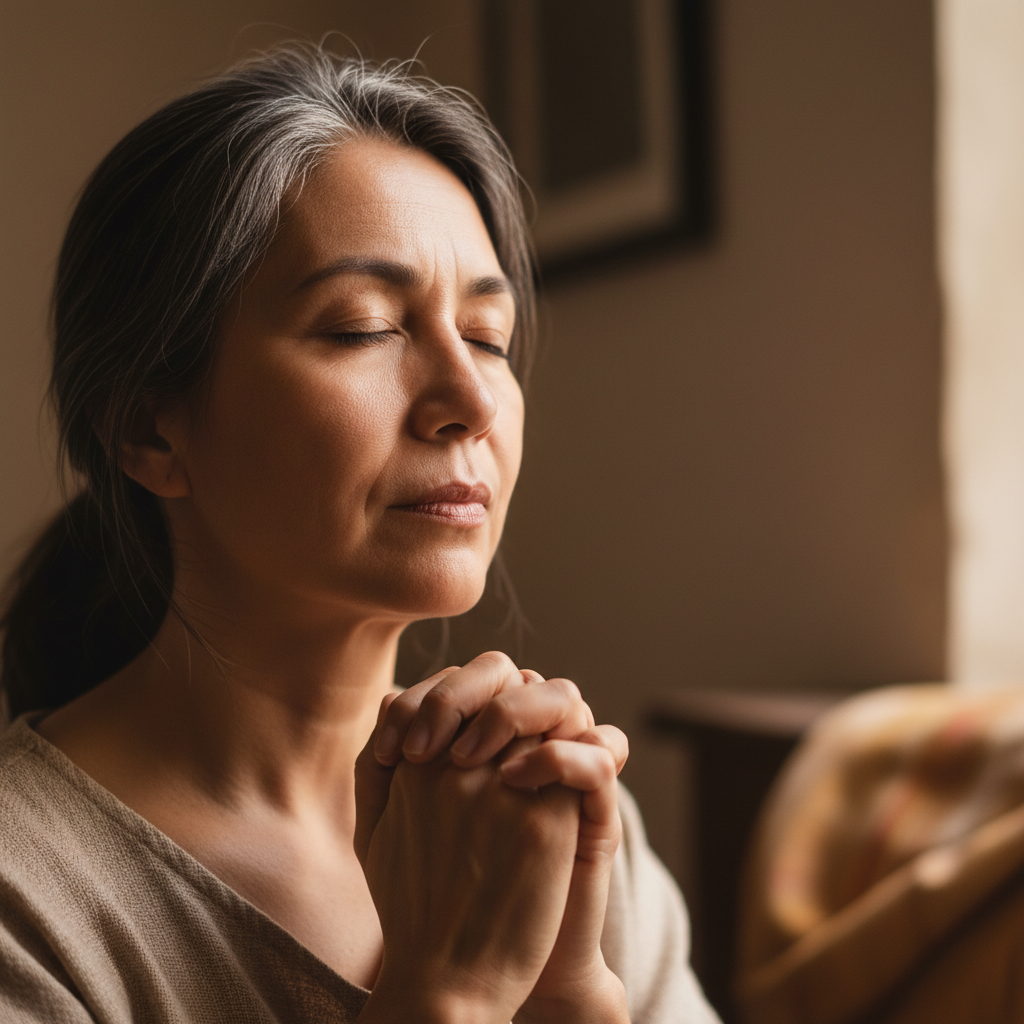 A person in deep prayer with clasped hands and closed eyes, seeking help and solace.