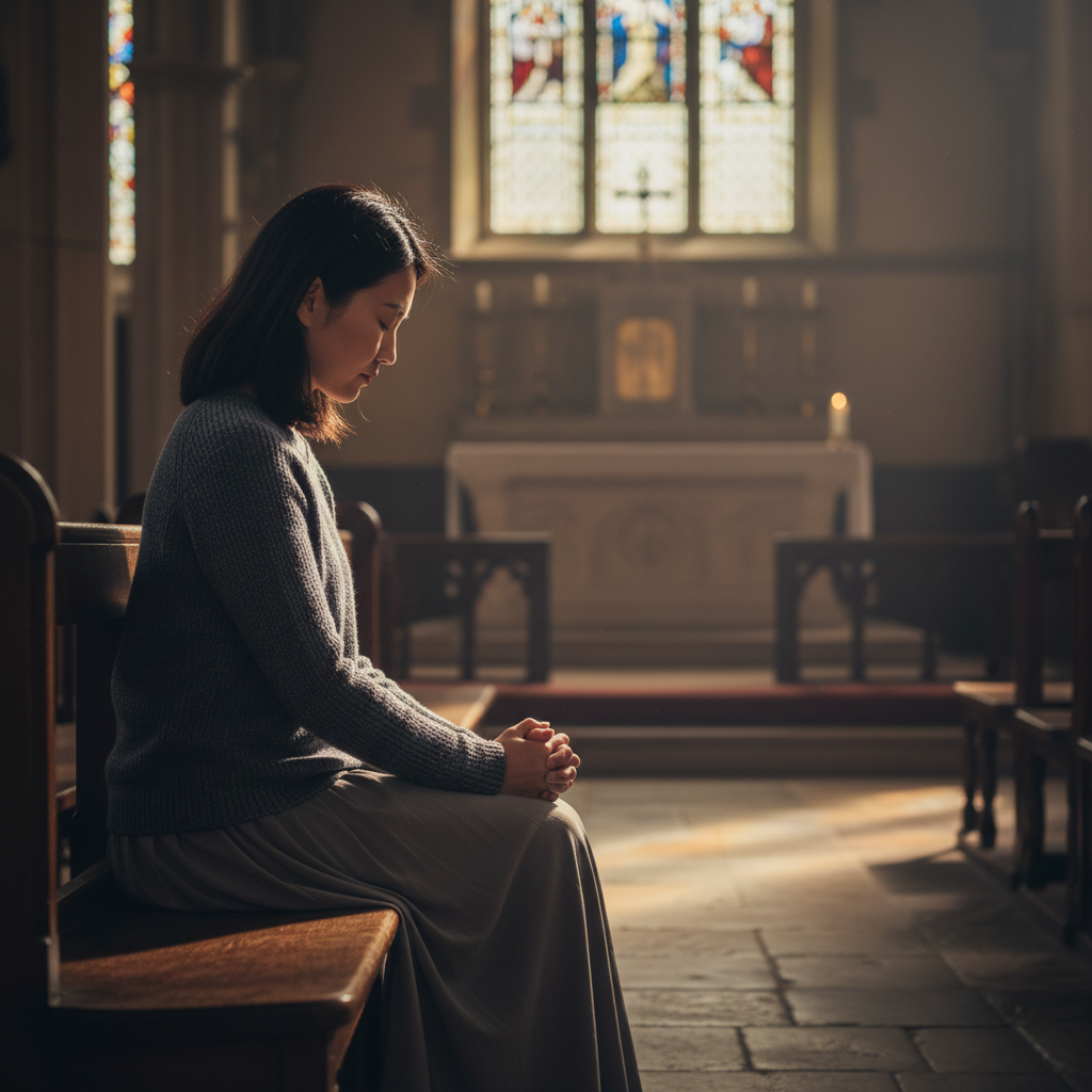 A person in quiet contemplation, sitting in a serene, peaceful setting.