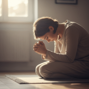 A person kneeling in earnest, humble prayer, symbolizing deep faith and spiritual devotion.