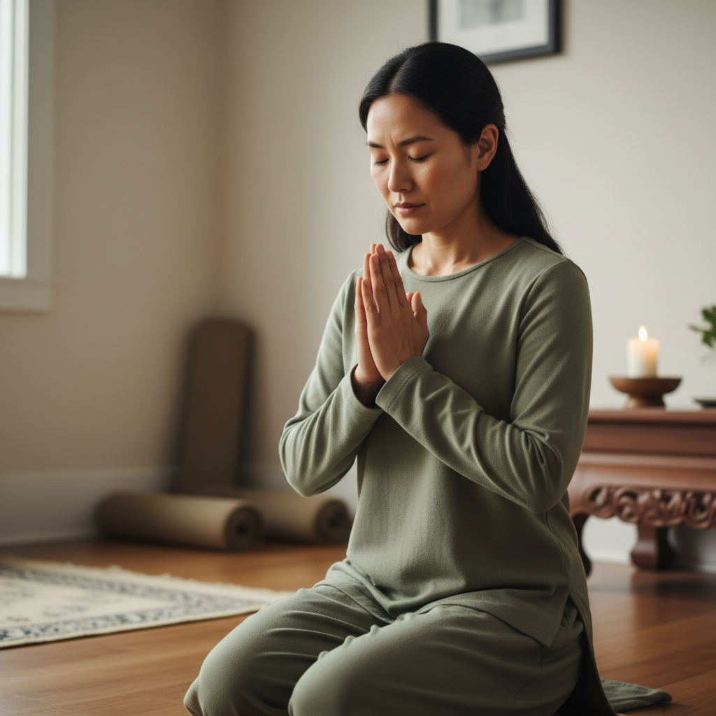 A person kneeling or standing in fervent, focused prayer, demonstrating spiritual conviction.
