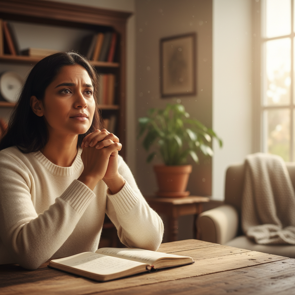 A person praying earnestly in a softly lit room, hands clasped, looking upward with hope.