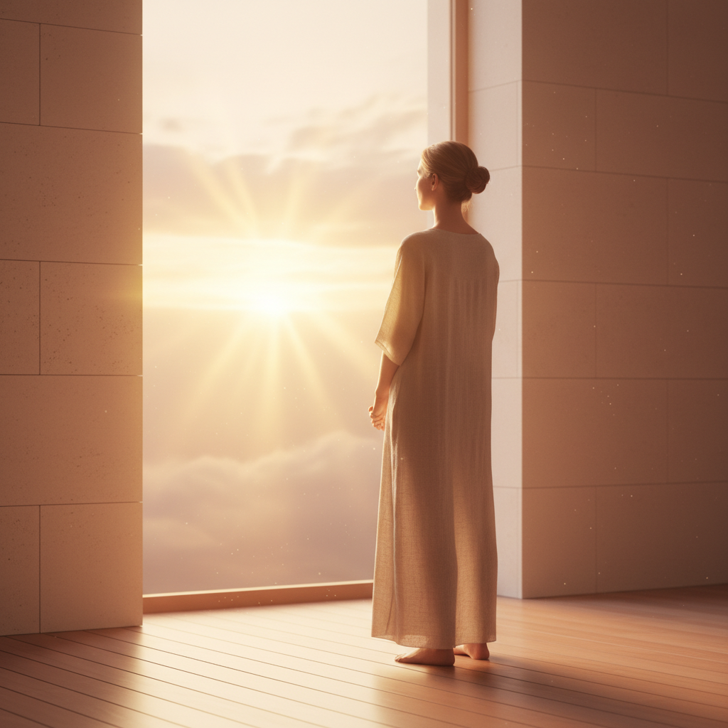 A person stands looking towards a soft, warm light, conveying peace and hope.